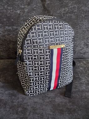 Tommy Hilfiger Black & White Logo Mini Backpack with Red, White & Navy Stripe